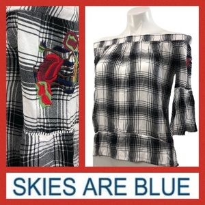 Skies are Blue Plaid Embroidered Off Shoulder Top